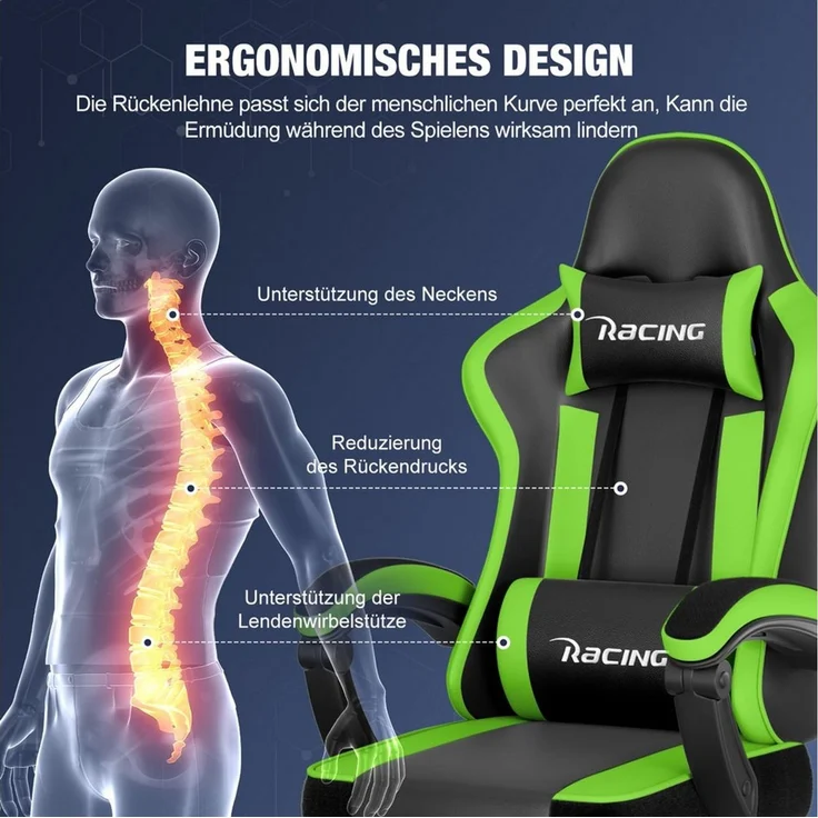Hiazurm Gaming-Stuhl Gaming Stuhl Chair Gamer Sessel - Ergonomischer Gamer Stuhl (Tragkraft 150 Kg), Gamingstuhl mit Fußstütze Kopfstütze und Lordosenstütz PC Sessel – Bild 2