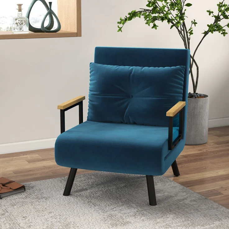 HOMCOM Relaxsessel mit Bettfunktion, Polstersofa mit verstellbarer Rückenlehne, Gästebett, Blau Samt, 63 x 73 x 81 cm – Bild 2