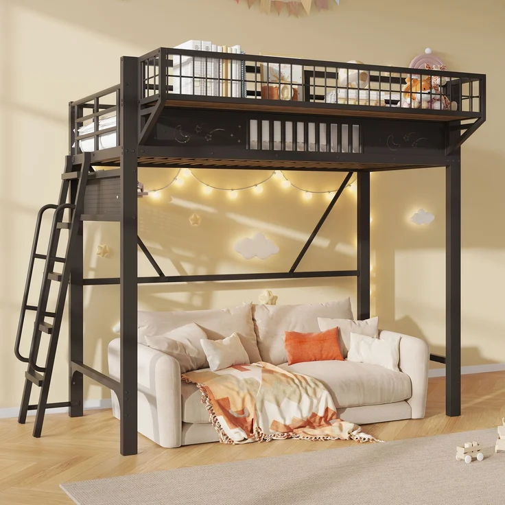 Hochbett, 90 x 200 cm, Metallbettgestell, Staufächer, offene untere Ebene, Ohne Matratze, Schwarz – Bild 3
