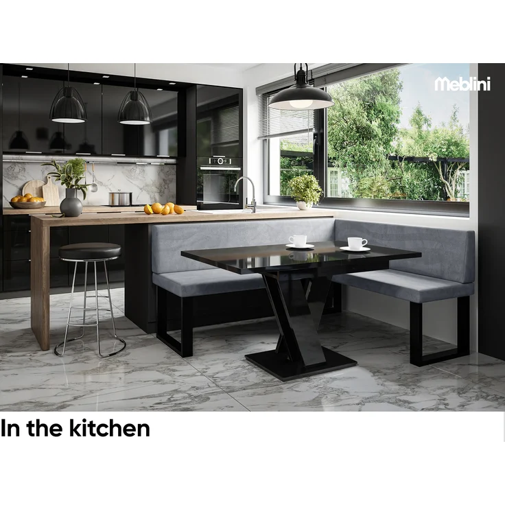 MEBLINI Eckbank für Esszimmer mit ausziehbarem Tisch - Küchenbank - Essecke - Sitzecke Küche - TONI - U-Beine 128x168x87cm Rechts - Grau Samt/M Schwarz Hochgl. – Bild 2