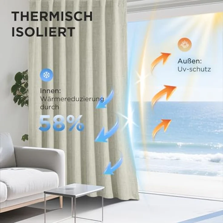 Joydeco 100% Verdunkelungsvorhänge Leinen Gardinen mit Kräuselband 2er Set H183xB117cm Hellbeige, Thermovorhang Kälteschutz Blickdicht Schallschutz Ideal für Wohnzimmer passt zu Schienensystemen – Bild 6