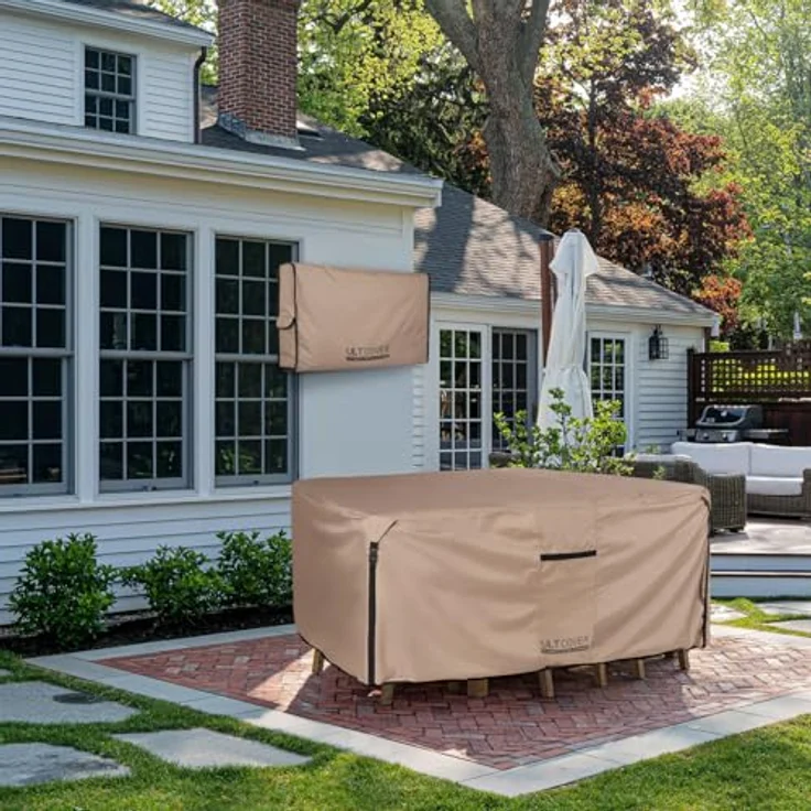 ULTCOVER Quadratische Abdeckung für Terrassentische, robuste 600D-Leinwand, wasserdicht, für Esstisch und Stühle, Allzweck-Möbelabdeckung, Größe 157,5 cm – Bild 7