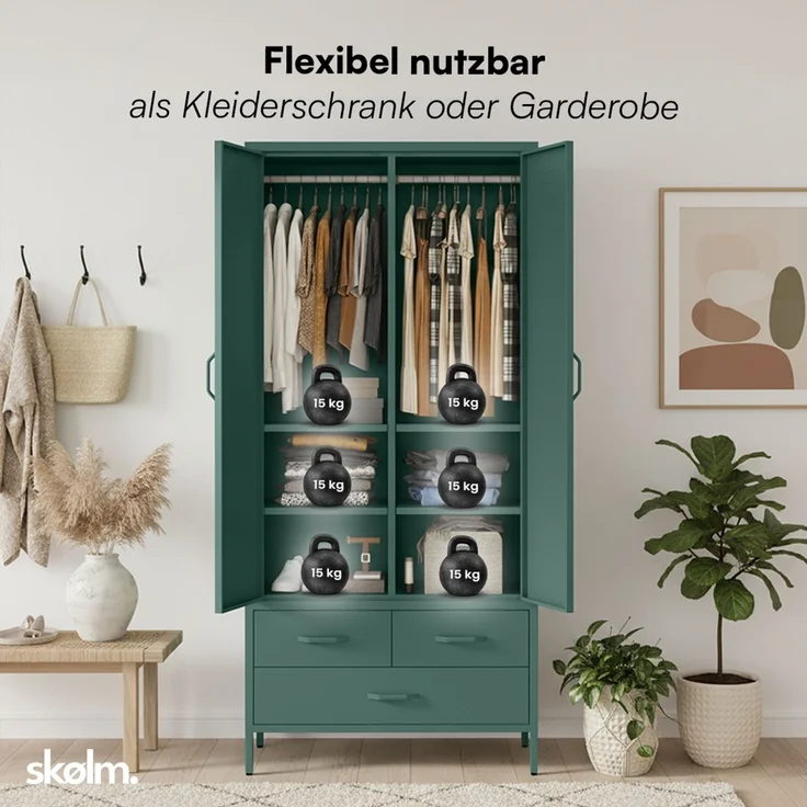 skølm 'Atria' Kleiderschrank mit 3 Schubladen, Metall, 170x45x80 cm, dunkelgrün, Garderobe mit 4 Fächern und 2 Kleiderstangen – Bild 6
