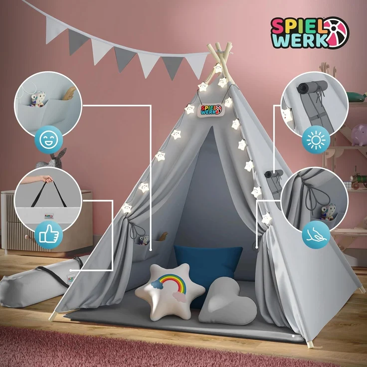 Spielwerk Kindertipi mit Lichterkette, Bodenmatte & Kissen, Baumwolle grau, 120 x 120 x 160 cm – Bild 5