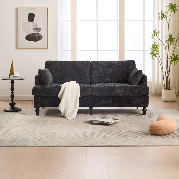2-sitziges Chenille-Sofa mit USB-Ladeanschluss, LED-Licht und Aufbewahrungstasche in Schwarz – Bild 2