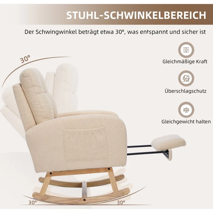 Schaukelstuhl Lammfell-Optik Beige mit hoher Rückenlehne und Armlehnen, ergonomischer Relaxsessel mit Massivholzgestell – Bild 8