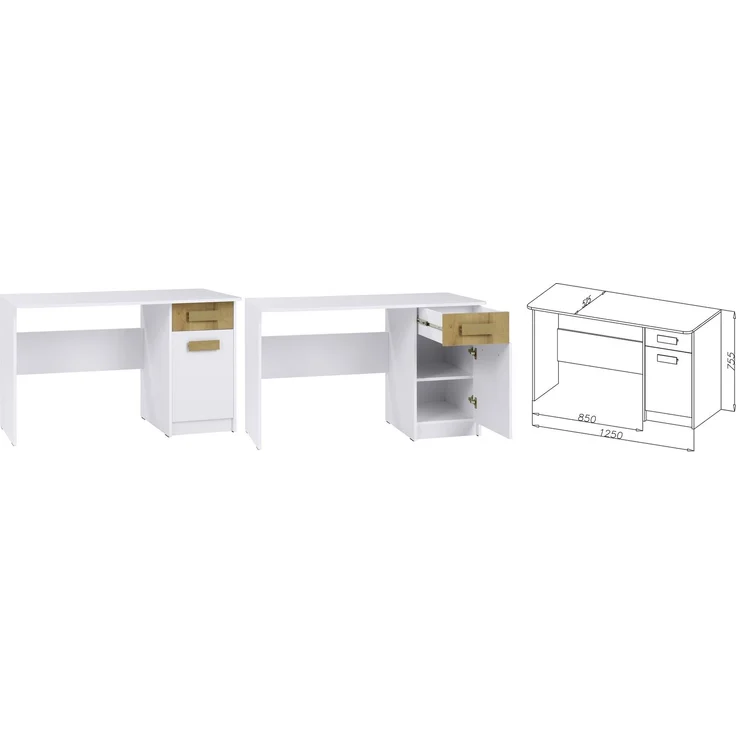 Marmex Möbel Grant Set-11 Jugendzimmer Komplett-Set 7-teilig mit Eckkleiderschrank, Kinderzimmermöbel mit Schreibtisch, laminierte Spanplatte, weiß+riviera Eiche – Bild 6
