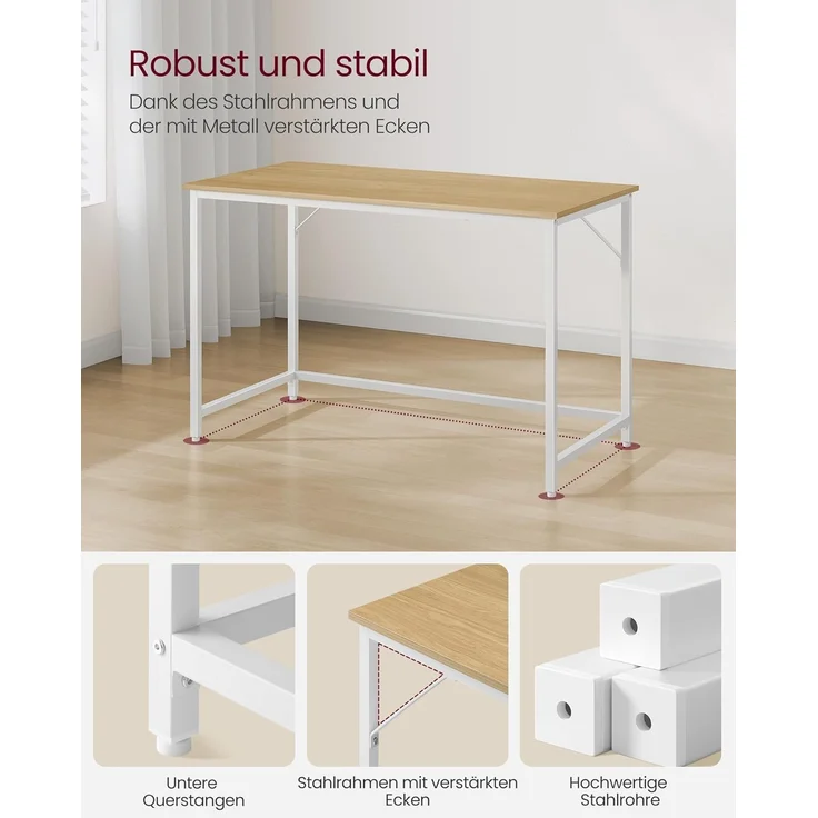 Vasagle Schreibtisch, Computertisch, Bürotisch, für Arbeitszimmer, Schlafzimmer, 60 x 120 x 76 cm, moderner Stil, Metallgestell, natureichenfarben-perlweiß LWDDE039W70 – Bild 4