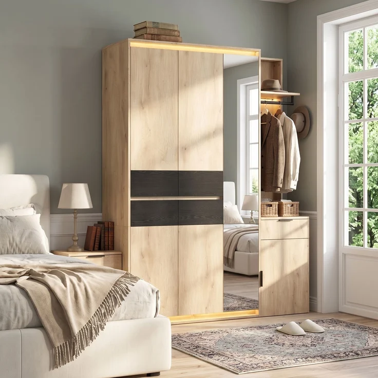 Garderoben-Set 155 x 47 x 200 cm aus MDF in Anthrazit und Eichenoptik mit LED und Spiegel – Bild 3