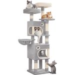 Kratzbaum, 159 cm Katzenbaum mit 8 Kratzsäulen, 3 Plattformen, 2 Höhlen, Korb, Plüschbälle, Sisalseil, Geeignet für Katzen Verschiedener Größen, Hellgrau