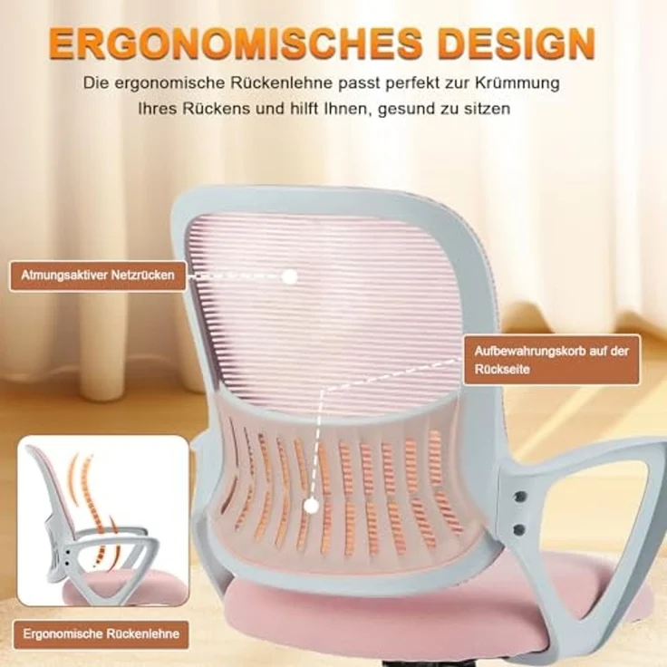 DUMOS Bürostuhl Ergonomisch, Schreibtischstuhl mit Lendenwirbelstütze, Drehstuhl mit Armlehne, Computerstuhl, Höhenverstellbarer Office Chair, Bürostühle Geeignet für Büro und Schlafzimmer (Rosa) – Bild 3