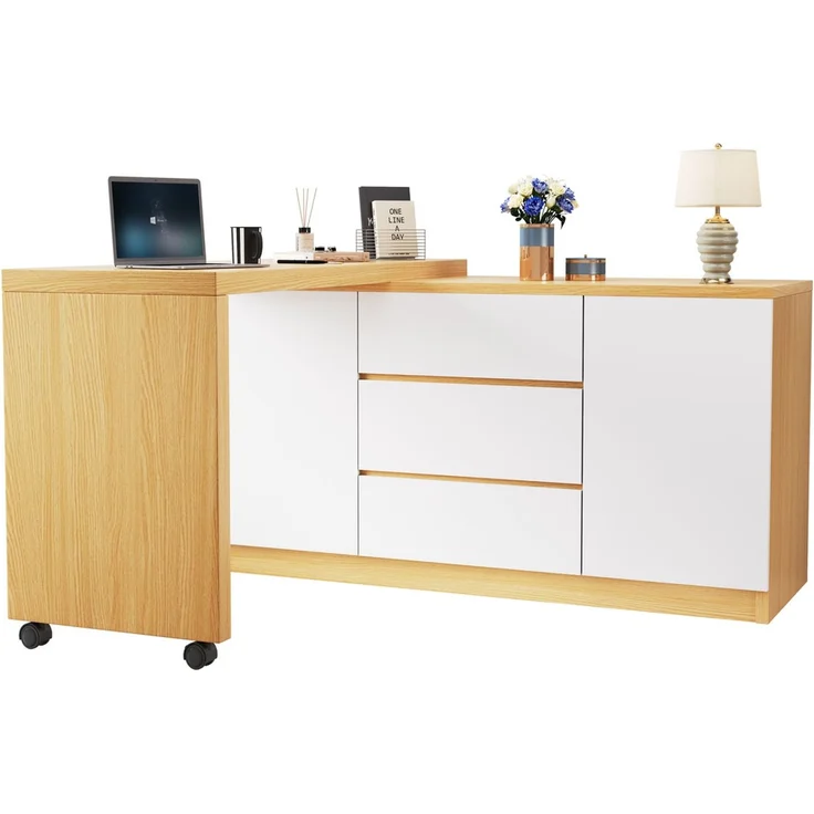 ZUBALIYA drehbarer Eckschreibtisch auf Rollen, feststellbare Rollen, H 76.5 × B 120 × T 50 cm, Eiche / Weiß, flexibel aufstellbar, für Büro und Homeoffice – Bild 6