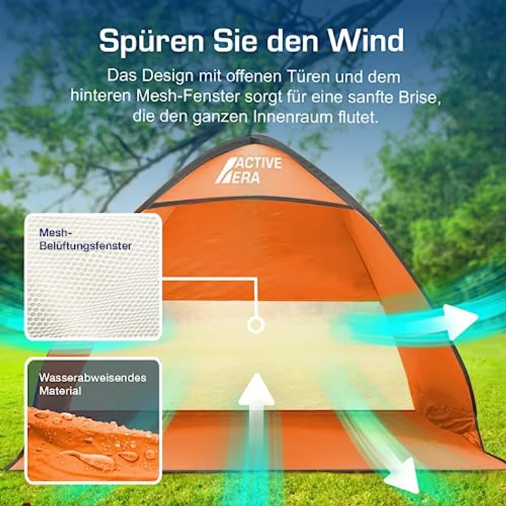 Active Era Pop Up Strandmuschel mit UV Schutz, UPF 50+ Strandzelt, Windschutz Strand, Zelt für 2-3 Personen inkl. Tragetasche und Heringe - Orange – Bild 5