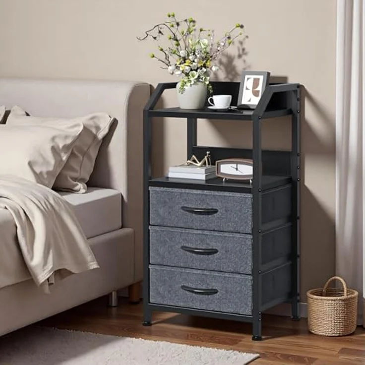 Feonase Nachttisch mit 3 Stoff-Schubladen, Kleine Kommode & Beistelltisch, 2-Fach MDF-Nachtschrank mit offenem Fach, moderner Side Table für Schlafzimmer, Wohnzimmer, Dunkelgrau – Bild 6