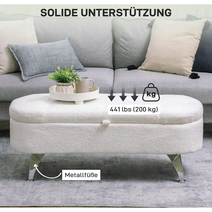 HOMCOM Sitzbank mit Stauraum Polsterbank mit Teddysamtoptik, Sitztruhe mit Metallbeine, Truhenbank für Wohnzimmer Schlafzimmer Flur 114 x 47 x 46,5 cm, Weiß – Bild 7
