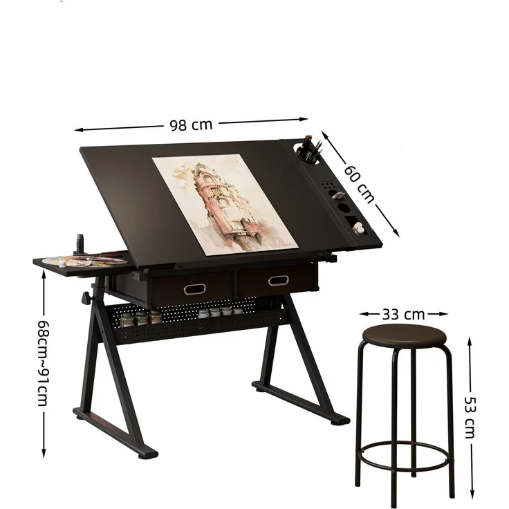 Zeichentisch mit neigbarer MDF-Platte, 2 Schubladen & Hocker, höhenverstellbar, 98x60x91 cm, Schwarz – Bild 3