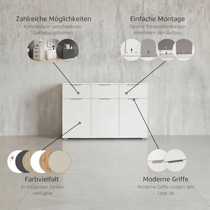 Rauch Möbel Alabama, Kommode für Schlafzimmer, Kinderzimmer, Garderobe, Flur, 3-türig, mit 3 Schubladen, Soft-Close-Fuktion, Farbe Eiche Sonoma, Holz, Griff Alufarben, Maße 120 x 81 x 42 cm – Bild 5