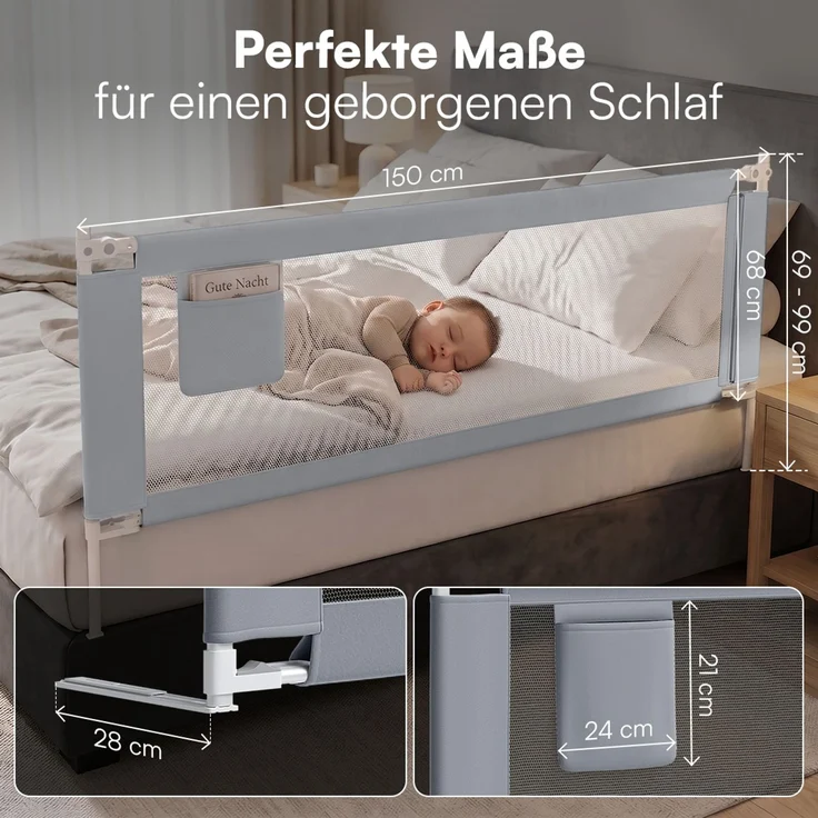 Bellabino 'Drina' Bettschutzgitter, Rausfallschutz klappbar & höhenverstellbar, aus Oxford-Stoff & Metall, 150 cm, hellgrau – Bild 9