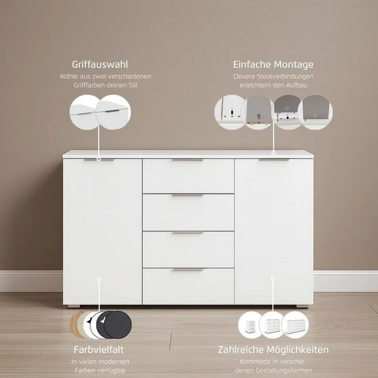 OTTO home Kombikommode Sideboard Schubladenkommode AGORDO mit Dekor- oder Hochglanzfront (in zwei Griff-Farben, Breite 120 cm), vier große Schubladen, mit insgesamt 4 Einlegeböden MADE IN GERMANY – Bild 2