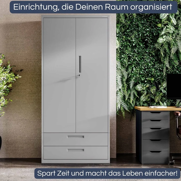 Metallschrank mit Doppel-Schublade RUEL - 195x90x40cm Grau | Büroschrank Aktenschrank Stahlschrank Fachbodenschrank Werkstattschrank – Bild 3