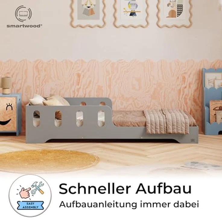 smartwood Kinderbett 140x200 cm in Grau - Montessori Bodenbett mit Rausfallschutz & Lattenrost - Aus handbemaltem Sperrholz - Sicher für Jungen und Mädchen - Einfache Montage - TILA 6 – Bild 5