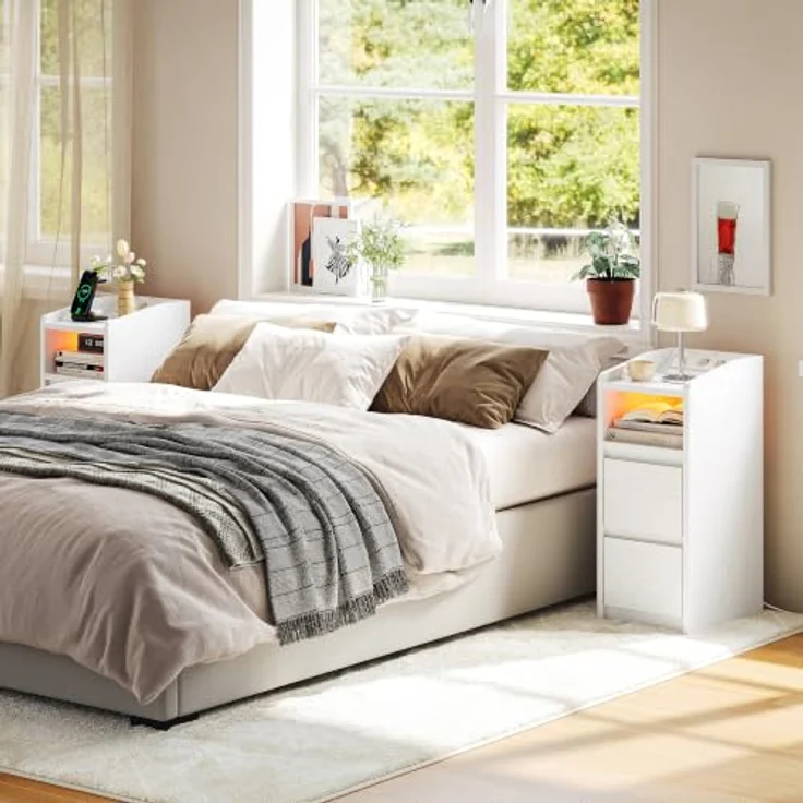 IRONCK Nachttisch Schmal (2, Weiß) | Bedside Table mit Offenem Fach für Schmale Räume Schlafzimmer, Wohnzimmer, 2 Schubladen,2 AC-Steckdosen,USB+Typ-C Anschlusse – Bild 5
