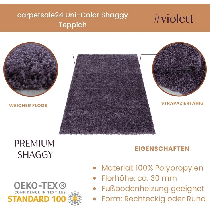 Carpetsale24 Shaggy Hochflor Teppich Wohnzimmer 160 cm Rund Violett - Modern Flauschiger Teppich Extra Weich, Pflegeleicht und Einfarbig - Ideal als Teppich für Schlafzimmer, Esszimmer und Küche – Bild 2