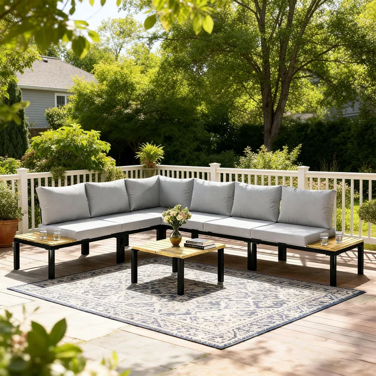 Wohnora-6-teiliges modulares Gartenmöbelset, Gartensofa, das sich in ein Bett verwandeln lässt, Couchtisch und Beistelltische, Grau,H 68cm x T 284cm x B 222cm,Hellgrau – Bild 4