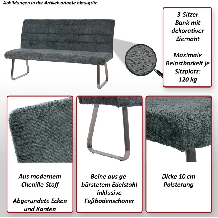 Sitzbank HWC-G55, Esszimmerbank Bank, Edelstahl gebürstet Stoff/Textil Chenille Öko-Tex, 180cm ~ creme – Bild 2