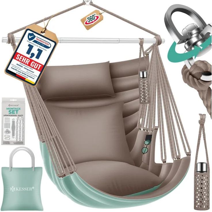 KESSER® 'Haiti' Hängesessel, 360° drehbar, UV-beständig & wasserfest, inkl. 2 Kissen, Tragetasche, Flaschenhalter & Montage-Set, grün/taupe, bis 150 kg belastbar