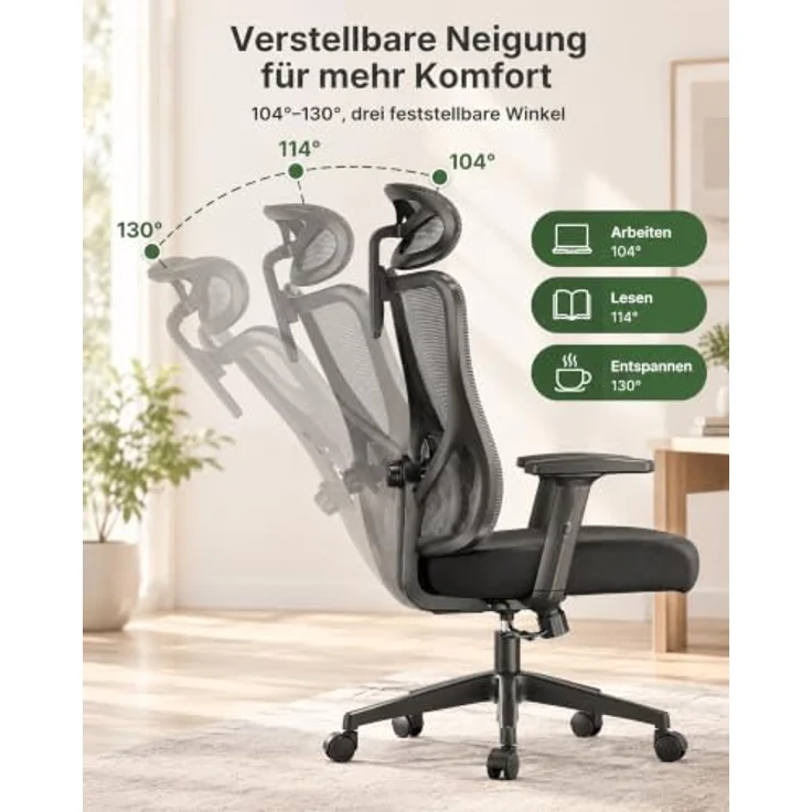 Marsail 2026 Neu Bürostuhl Ergonomisch, Neigung 130°, Netzrückenlehne | Schreibtischstuhl, 2-stufig verstellbare Kopf- & Lendenstütze, 8 cm Sitzkissen, Netzrücken, EN 1335-2, Schwarz Matt,150 kg – Bild 3