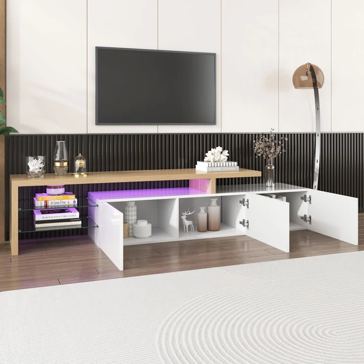 TV-Schrank 197,5 cm Weiß Hochglanz Holzoptik mit LED Beleuchtung, Lowboard mit Stauraum und Glasböden – Bild 8