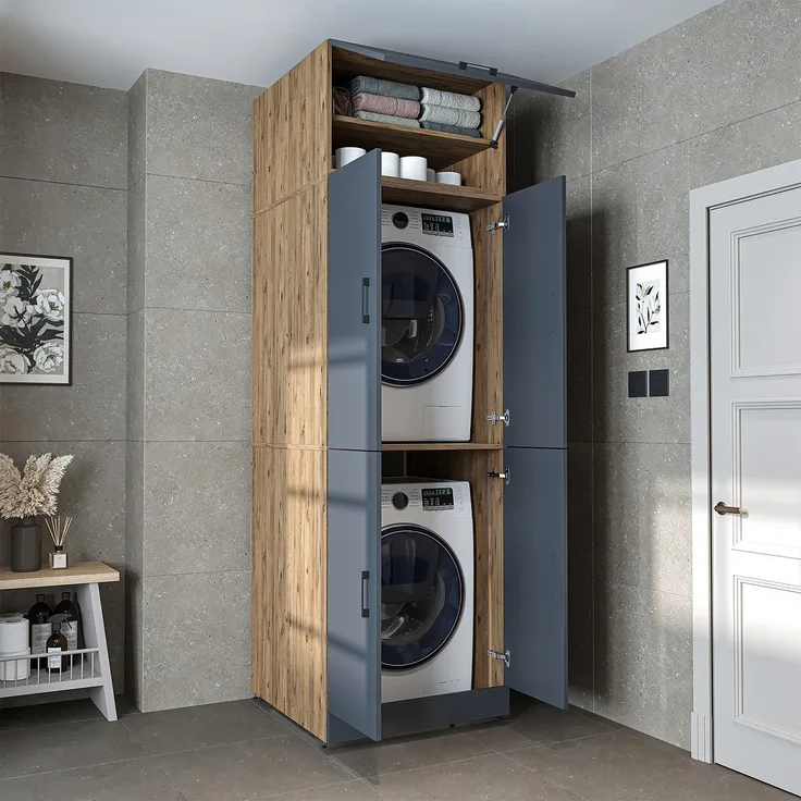 Roomart Waschmaschinenschrank DORA-II- Waschmaschinen- & Trocknerschrank mit Türen – Waschküchenschrank für Waschmaschine & Trockner • Anthrazit-Eiche