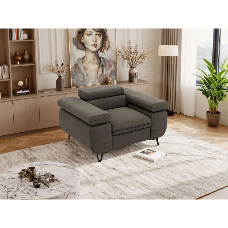 Einzelsessel, Polstersessel PETER mit verstellbaren Armlehnen und Kopfstütze, 1-Sitzer Sofa, Ohrensessel, Wellenfeder - Dunkelgrau Velvet – Bild 5