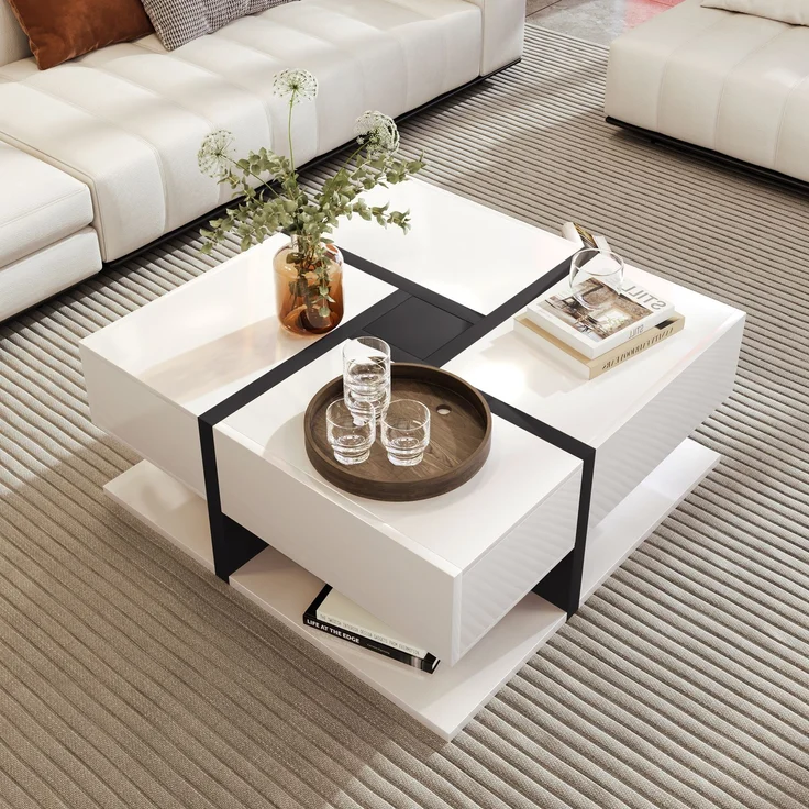 Quadratischer Couchtisch Hochglanz Weiß Schwarz mit 4 Schubladen Wohnzimmer Tisch Ablage Modern Design – Bild 3
