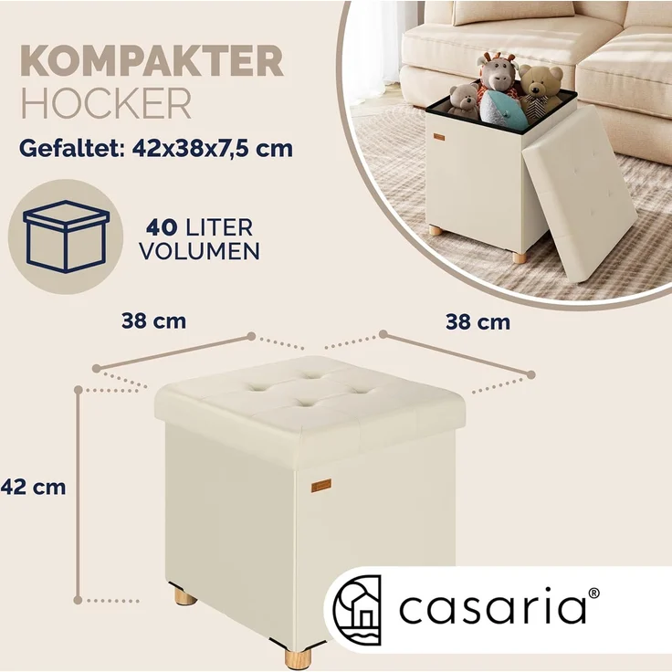 CASARIA® Sitzhocker mit Stauraum, Samt, beige – Bild 4