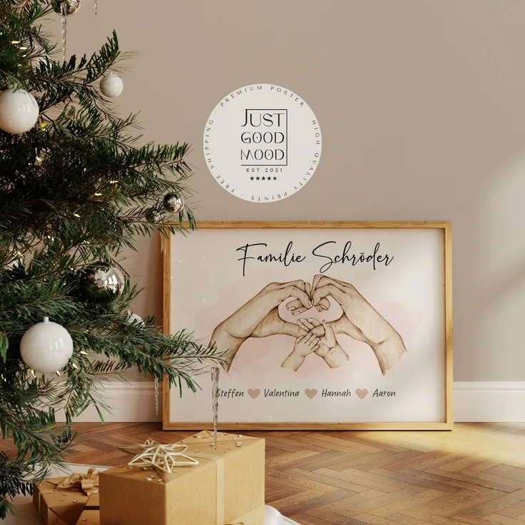 Familien Poster Personalisiert · Geschenkidee · Personalisierte Namen · Herz · Verbundenheit · Deko Print · ohne Rahmen - Eltern + 1 Kind / 10 x 15 cm