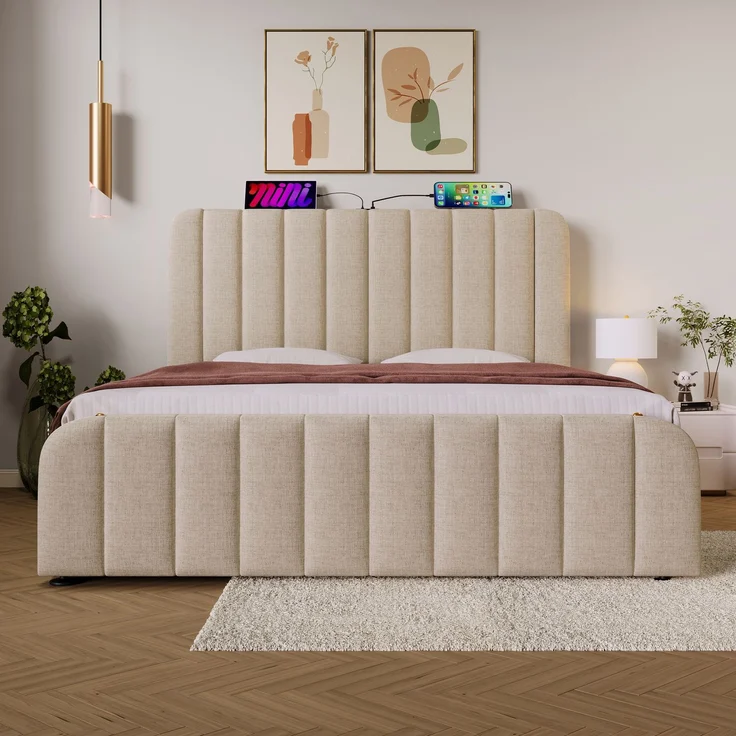 Polsterbett 140x200 cm Beige mit Kopfteil,USB Typ-C Ladeanschluss & hydraulischem Stauraum,Metallrahmen mit goldenen Akzenten – Bild 5