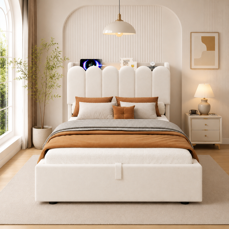Polsterbett, Einzelbett, Kinderbett 90 x 200cm, hydraulisches Funktionsbett, Bett mit Lattenrost, gepolstertes Kopfteil, großem Stauraum und USB& Type-C-Ladestation und Leselampe, samt, beige – Bild 2