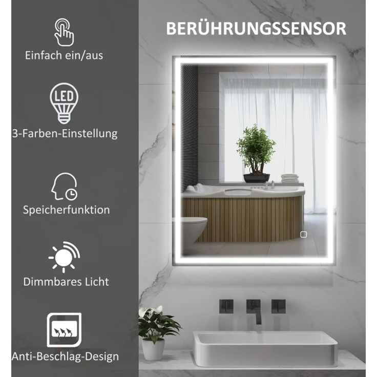 Badspiegel 90x4x70 cm mit LED, Touch-Steuerung und Antibeschlagfunktion – Bild 4