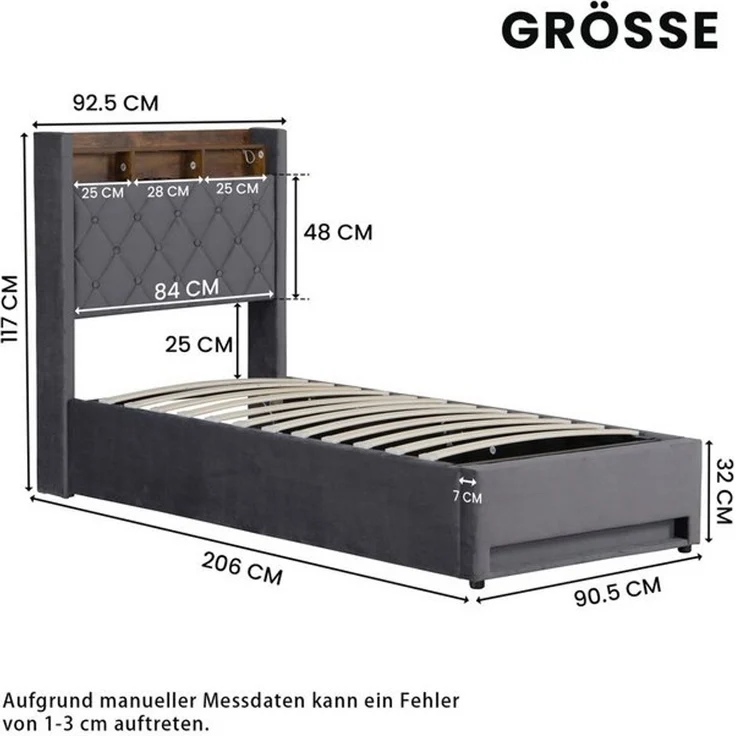 HAUSS SPOLE Polsterbett 90x190cm mit USB, 2 Steckdosen, LED-Beleuchtung Metallrahmen Grau (LED Doppelbett mit Lattenrost, Ohne Matratze), Modernes Design Jugendbett – Bild 4