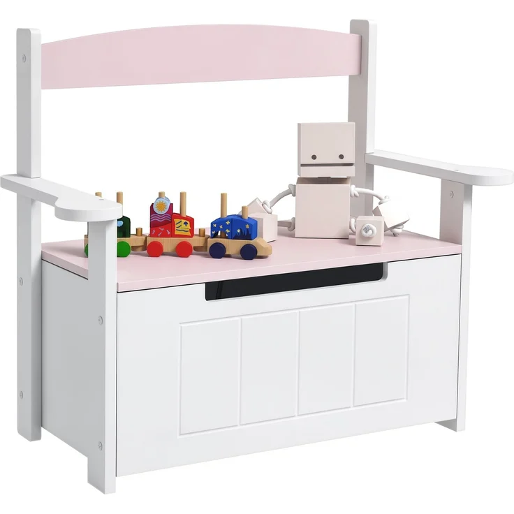 JARDJ Kinder-Aufbewahrungsbank mit Rückenlehne und Soft-Close-Deckel, Tragkraft 30 kg, für Spielzimmer, 68,5 x 34 x 58 cm, Rosa und Weiß – Bild 1