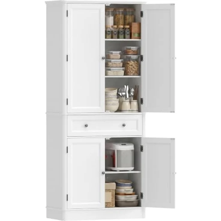 HOMCOM Hochschrank Buffetschrank mit 4 Türen, Schublade, verstellbaren Einlegeböden (Küchenschrank, 1-St, Vorratsschrank) für Küche, Esszimmer, Wohnzimmer Weiß, 80 x 39,5 x 186,4 cm – Bild 1