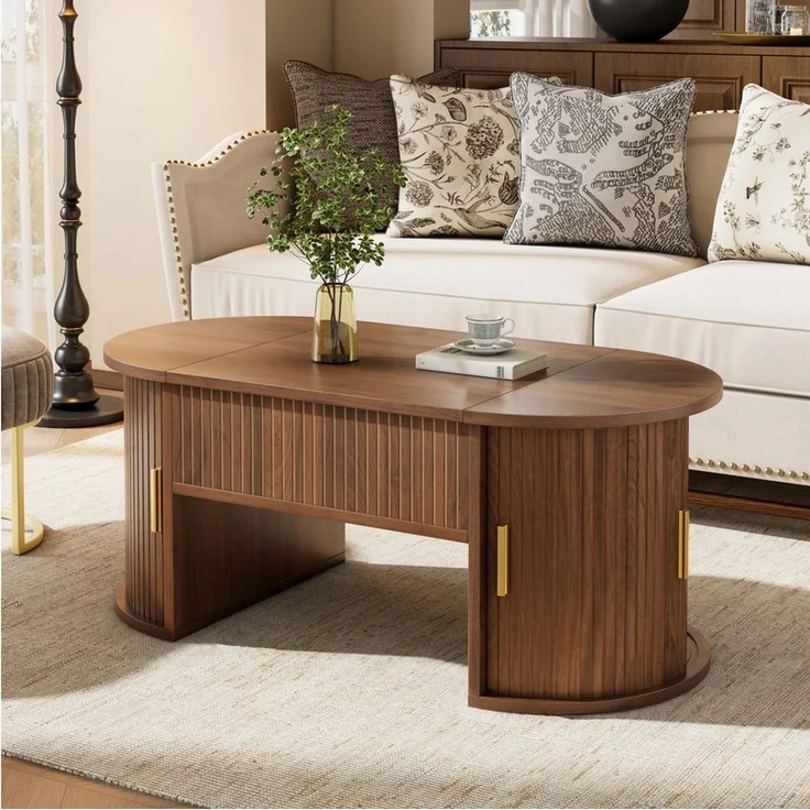 HAUSS SPOLE Couchtisch höhenverstellbar Sofatisch mit Schiebetüren,Stauraum,Nussbaum (Multifunktionstisch Wohnzimmertisch mit höhenverstellbarer Tischplatte und zwei Schiebetüren), Sofa-Beistelltisch mit abgerundeten Kanten – Bild 3