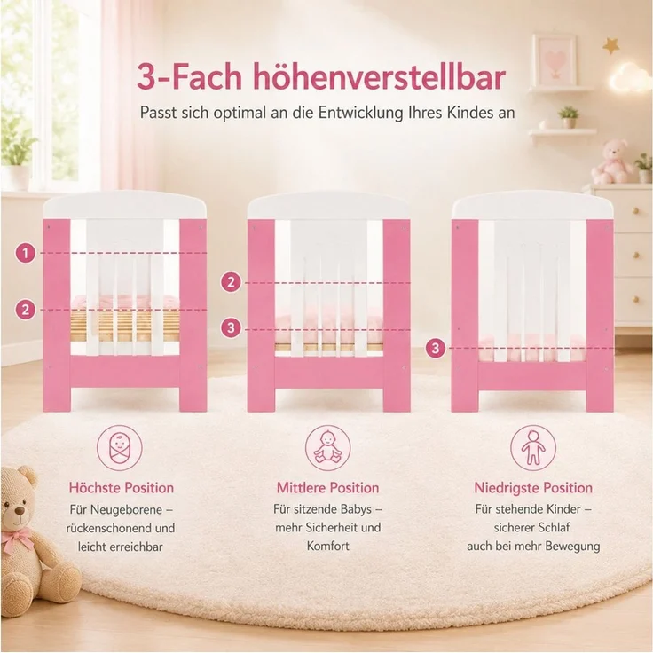 Best for Kids Babybett 120x60cm mit und ohne Matratze, 4-teilig, aus Buchenholz, 1-tlg, Kinderbett, Babybett 60x120 cm mit 3 herausnehmbare Schlupfsprossen – Bild 4