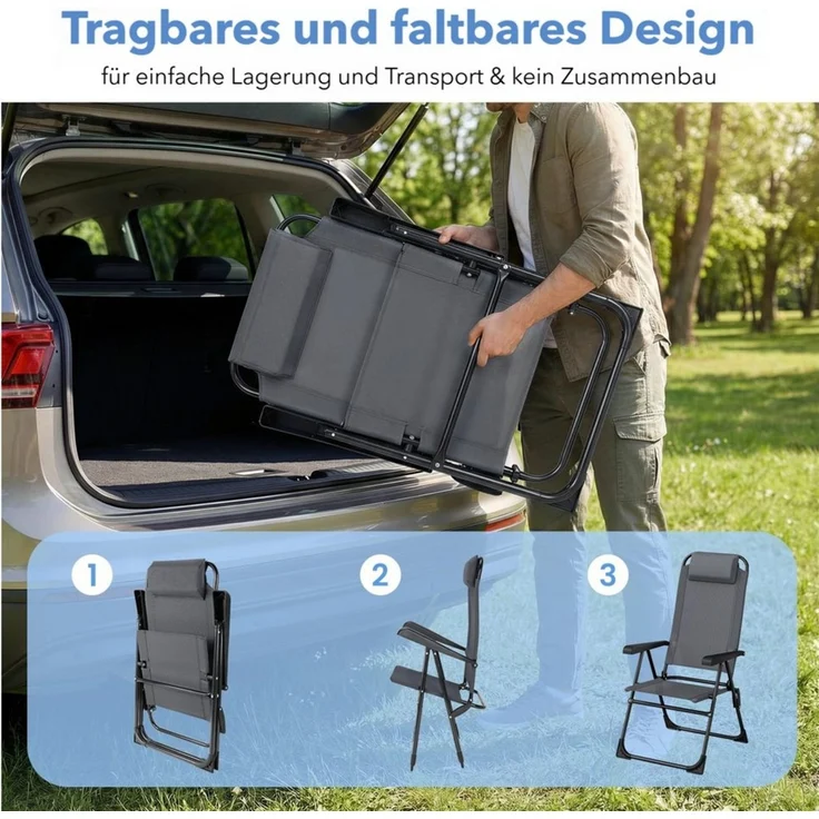 TLGREEN Campingstuhl Klappstuhl mit Kopfkissen, (5-stufig verstellbar Gartenstuhl Liegestuhl, 4 St), für Outdoor Balkon Strand bis 120 kg belastbar – Bild 3