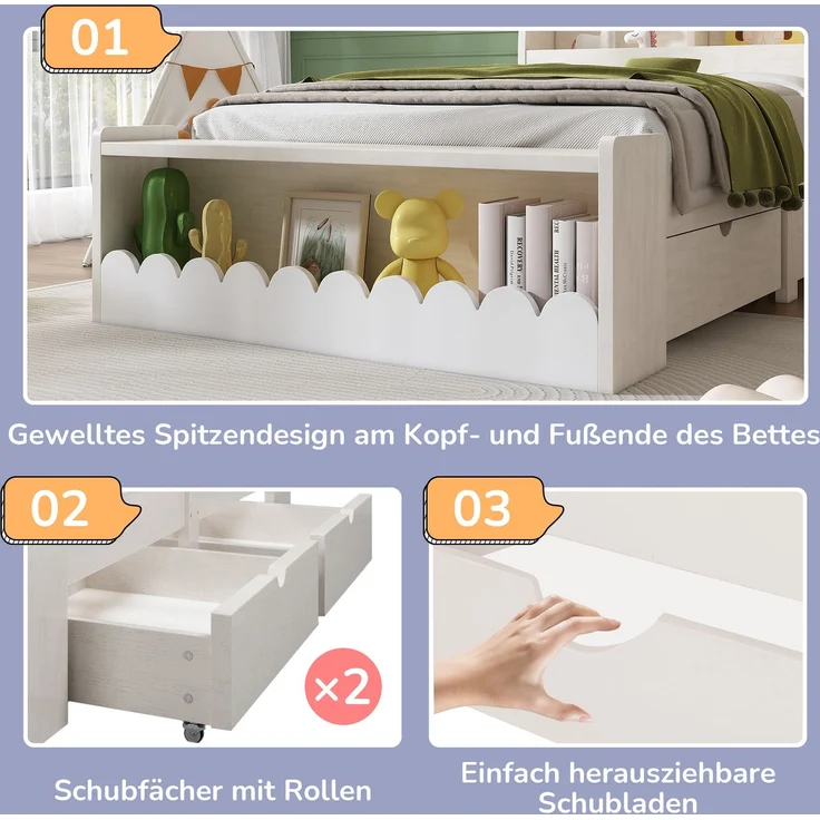 Wohnora-Kinderbett Einzelbett Stauraumbett mit Schubladen, Regal und Sitzbank mit Stauraum, Holzbett 90x190 cm, Bettgestell und Lattenrost aus Holz, Weiß mit Eichefarben (Ohne Matratze),Weiß + Helle Eiche – Bild 2