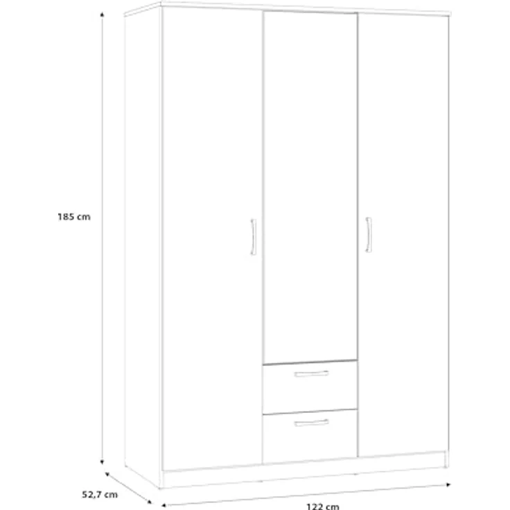 FORTE NIKO Schrank 120 130, Kleiderschrank mit Spiegel, Drehtürenschrank Skandinavisch 3-türig, mit 2 Schubladen, Einlegeböden und Kleiderstange, Sonoma Eiche, 123 cm breit x 185 cm hoch x 53 cm tief – Bild 3