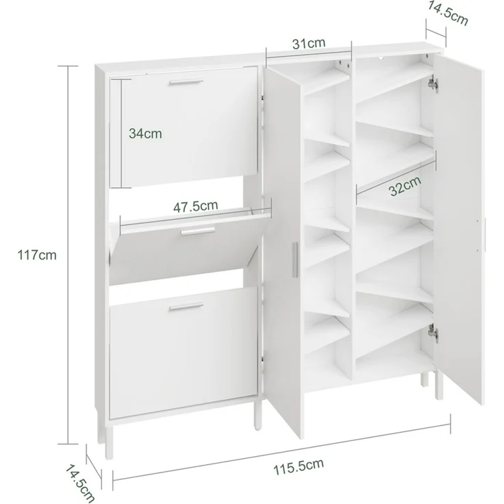 SoBuy FSR231-W Schuhschrank, Schuhkipper, Schuhregal, Spanplatte, Melamin, Weiß, 115,5 x 117 x 14,5 cm – Bild 3