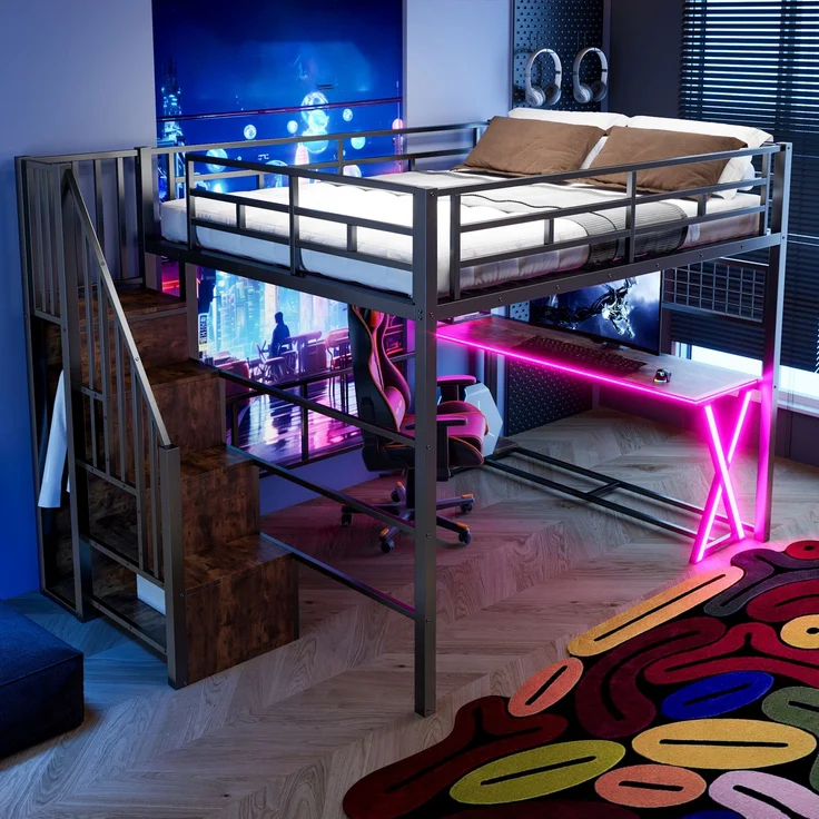 EINHOM Hochbett, 160*200cm , Mit LED-Leuchten, Ablageleiter, Schreibtisch, Kleiderschrank, Regale, ohne Matratze, Schwarz – Bild 3
